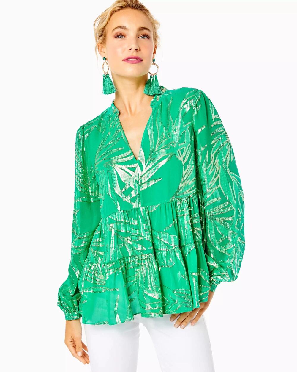 Lilly Pulitzer Sarita Silk Shiny Palm Leaf Long Sleeve Blouse Top Green Gold 14